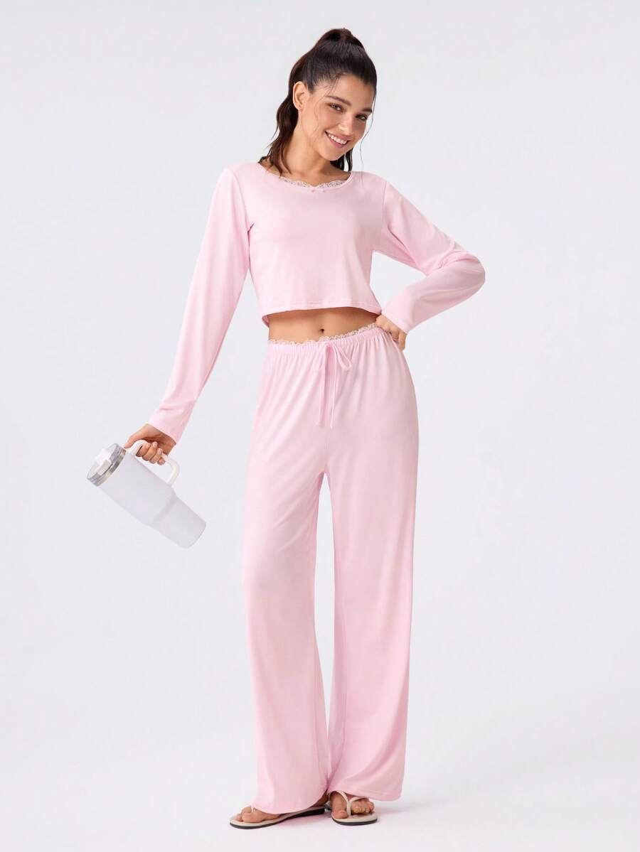 Loungeista 2pcs/Set Women's Round Neck Lace Patchwork Long Sleeve Top + Elastic Waist Long Pants Cute Loungewear Set