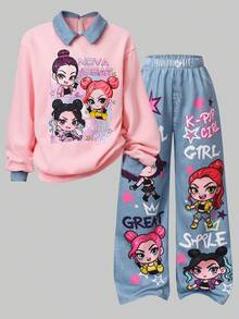 SHEIN Tween女孩 2件/套，適合女孩，活力卡通休閒風，校園日常，春秋套裝，寬鬆，針織，極簡，秋季韓版套頭衫 - 彩色 - 查看 4