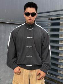 DAZY Chaqueta gris de manga larga con contraste blanco en la solapa, diseño de cremallera y botones para hombres en otoño - Gris - Ver 3