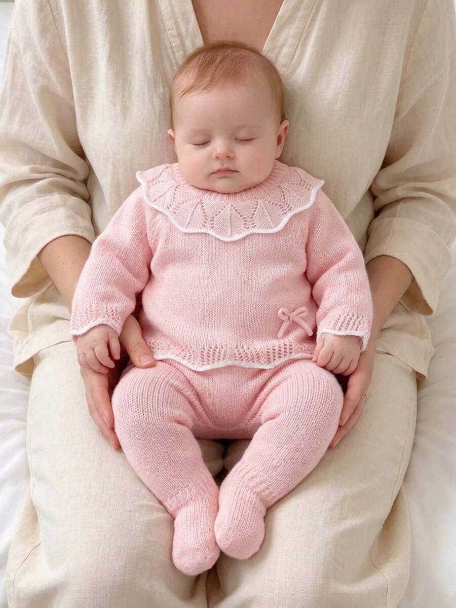 SHEIN 綠色嬰兒毛衣3件套，彼得潘領長袖上衣+緊身褲+時尚帽子，新生兒休閒極簡秋季套裝套頭衫 - 彩色 - 查看 1