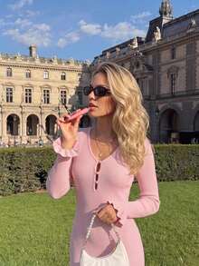 KARISMINA Light Pink Ribbed Knit Midi Dress, V-Neck Keyhole Cutout Ruffle Trim For Brunch Tea Party Date Vacation Wedding Guest, Elegant Romantic Long Autumn - Pink - View 3