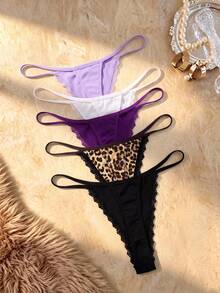 Bare Chapter 5pcs/Pack Women's Lace Patchwork Bow Tie Leopard Print Thong Panties - Multicolor - View 2