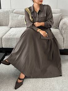 Dazy Plus Solid Color Casual Pocket Long Sleeve Blazer Top Pleated Long A-Line Skirt Spring Autumn Suit Set - Khaki - View 1