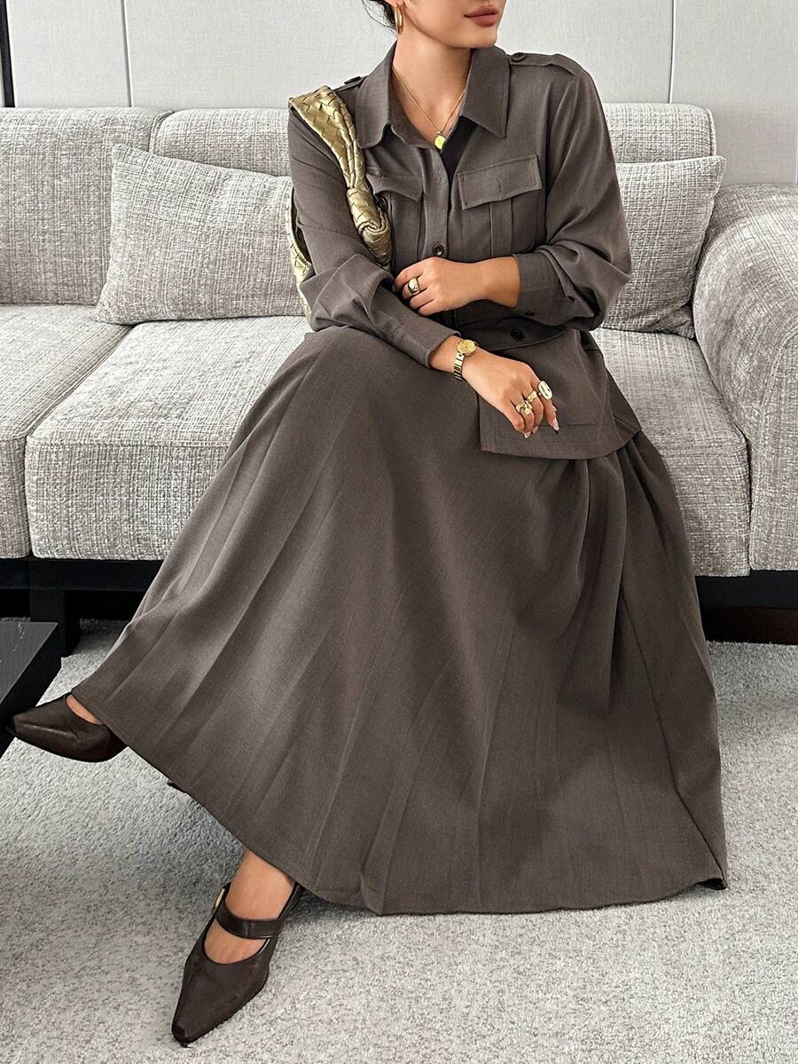 Dazy Plus Solid Color Casual Pocket Long Sleeve Blazer Top Pleated Long A-Line Skirt Spring Autumn Suit Set - Khaki - View 1