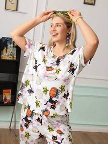 Chillnights Plus Size Women's Halloween Ghost & Pumpkin Print Short Sleeve & Long Pants Pajama Set - Multicolor - View 6