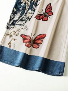 SHEIN LUNE Plus Size Women Boho Denim Patchwork Floral Butterfly Print Elastic Waist Wide Leg Pants With Pockets Lightweight Daily Vacation Casual Trousers Fall - Multicolor - View 5