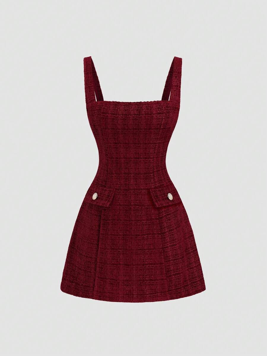 Sweetra Women's Solid Color Elegant Waist-Cinching Party Dress - Burgundy - View 1
