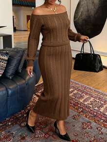 Modelyn Plus Size Solid Color Off Shoulder Sweater Knit Skirt Set - Brown - View 5