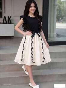 SHEIN Tween Girls Fashion Colorblock Flutter Sleeve Bow Dress - Multicolor - View 5