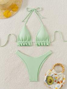 Swim Mod Women Solid Color Bikini Set With Ruffled Straps And Sexy Bandeau Top, Wireless, Summer Beach - Mint Green - View 1