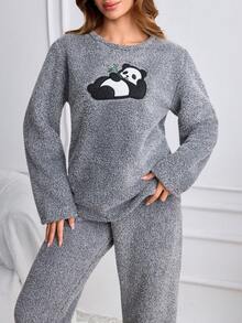 SHEIN Grey Fuzzy Plush Cute Panda Applique Embroidery Cozy Winter Homewear Pajama Set - Grey - View 6