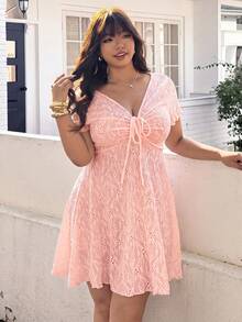 SHEIN EZwear 大尺碼夏季休閒純色紋理洋裝 - 粉色 - 查看 7