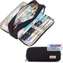 Estuche de lápices de gran capacidad con 3 compartimentos, adecuado para la escuela, adolescentes, niñas, niños, hombres, mujeres - Black - Ver 2