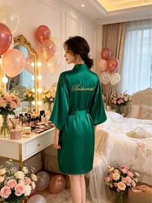 Soft Silky Satin Embroidered Bridal Morning Robe For Bride Bridesmaid Wedding Daily Wear Vacation - Bridesmaid Green - View 2