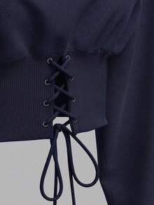 SHEIN EZwear 白色針織女款運動衫，秋冬長袖上衣，海軍藍女款運動衫 - 藏蓝色 - 查看 4