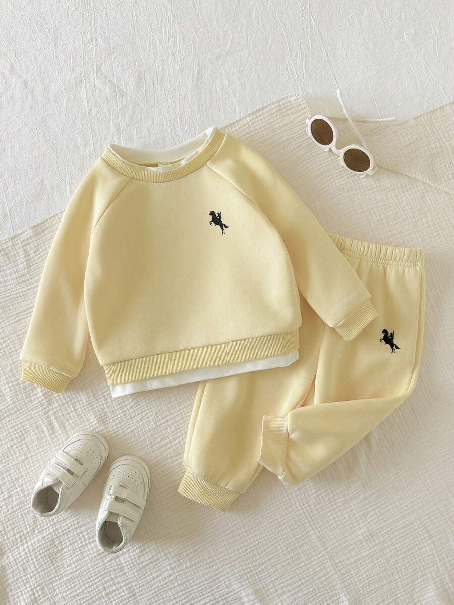 男女嬰兒/幼兒 2件組秋冬休閒可愛 2合1奶油色運動衫套裝,嬰兒運動服,嬰兒冬季衣物 - 黃色 - 查看 1