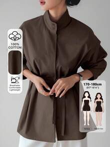 Dazy Tall Women's Waist-Cinching Long Sleeve Button-Down Urban Casual Elegant Blouse Fall - Brown - View 1