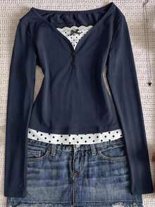 Teen Girl Teen Girls Knitted Royal Blue Patchwork Polka Dot Casual Long Sleeve T-Shirt - Navy Blue - View 1