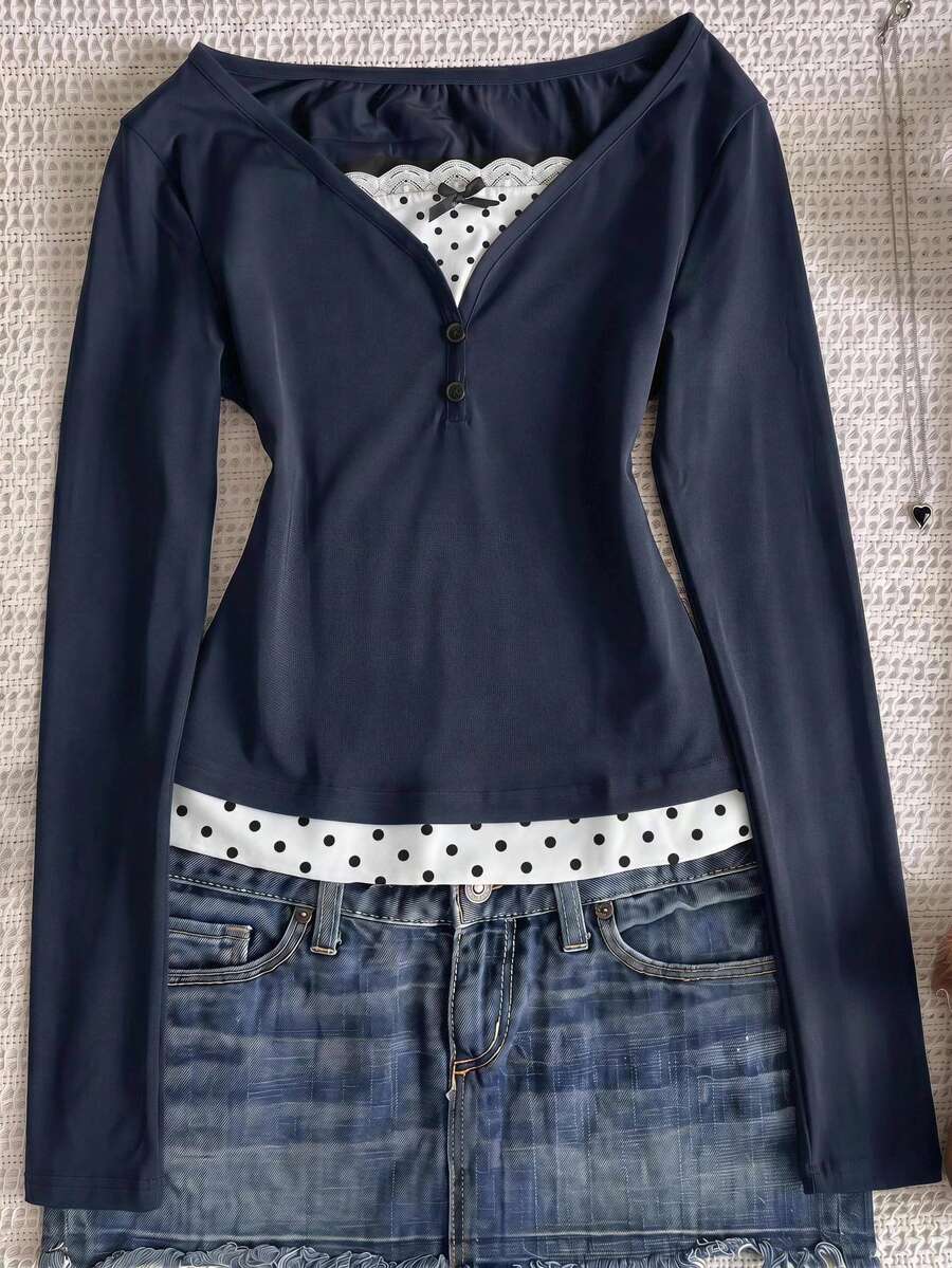Teen Girl Teen Girls Knitted Royal Blue Patchwork Polka Dot Casual Long Sleeve T-Shirt - Navy Blue - View 1