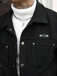Manfinity Homme 男士純色休閒長袖大衣，適合秋冬穿著 - 黑色 - 查看 7