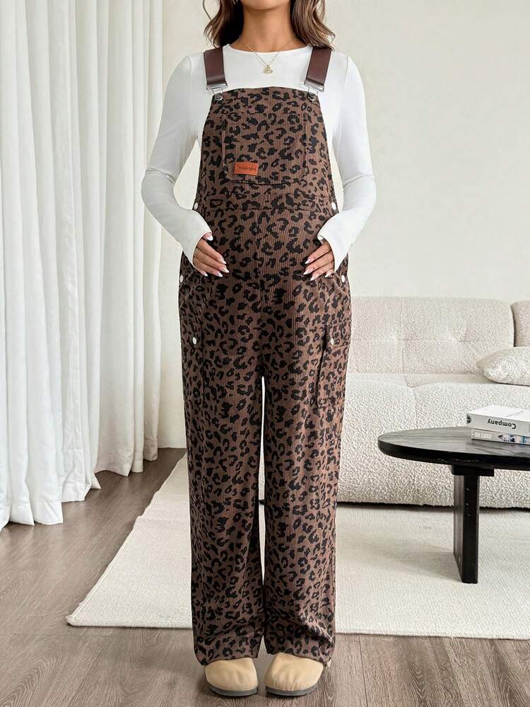 SHEIN 孕婦拼接豹紋口袋連身褲 - 棕色 - 查看 2