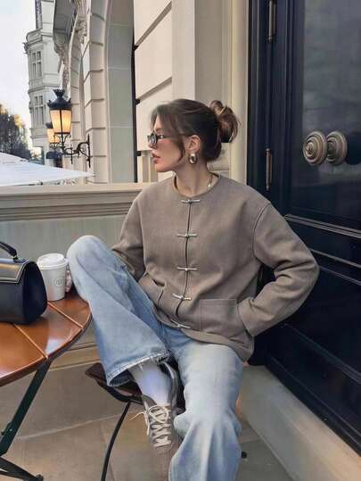 Aloruh Áo khoác len dáng dài nữ màu xám trơn, phong cách Old Money thanh lịch tối giản, lịch sự, thường ngày, đi làm