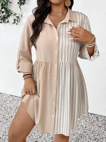 SHEIN Frenchy 大码夏季休闲度假条纹拼布女式衬衫连衣裙 - 卡其色 - 查看 6