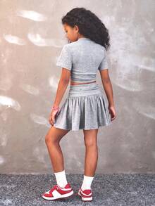 Coolane Kids Tween Girl Mock Neck Ruched Slim Fit Tee & Ruffle Hem Skirt,Back To School,Y2K,Streetwear,Summer/Fall - Grey - View 4