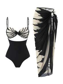 Swim SXY Summer New Women's 2 Pieces Beach Set, One-Piece Top With Gradient Braided Rope Spaghetti Strap And Side Tie Beach Skirt, 3-Piece Bikini Set - Black - View 3