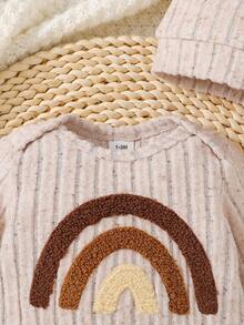 SHEIN Newborn Baby 2pcs Romper Set, Ribbed Long Sleeve Outfit With Rainbow Embroidery And Ear Beanie, Beige Minimalist Spring Autumn Infant Clothing - Apricot - View 8