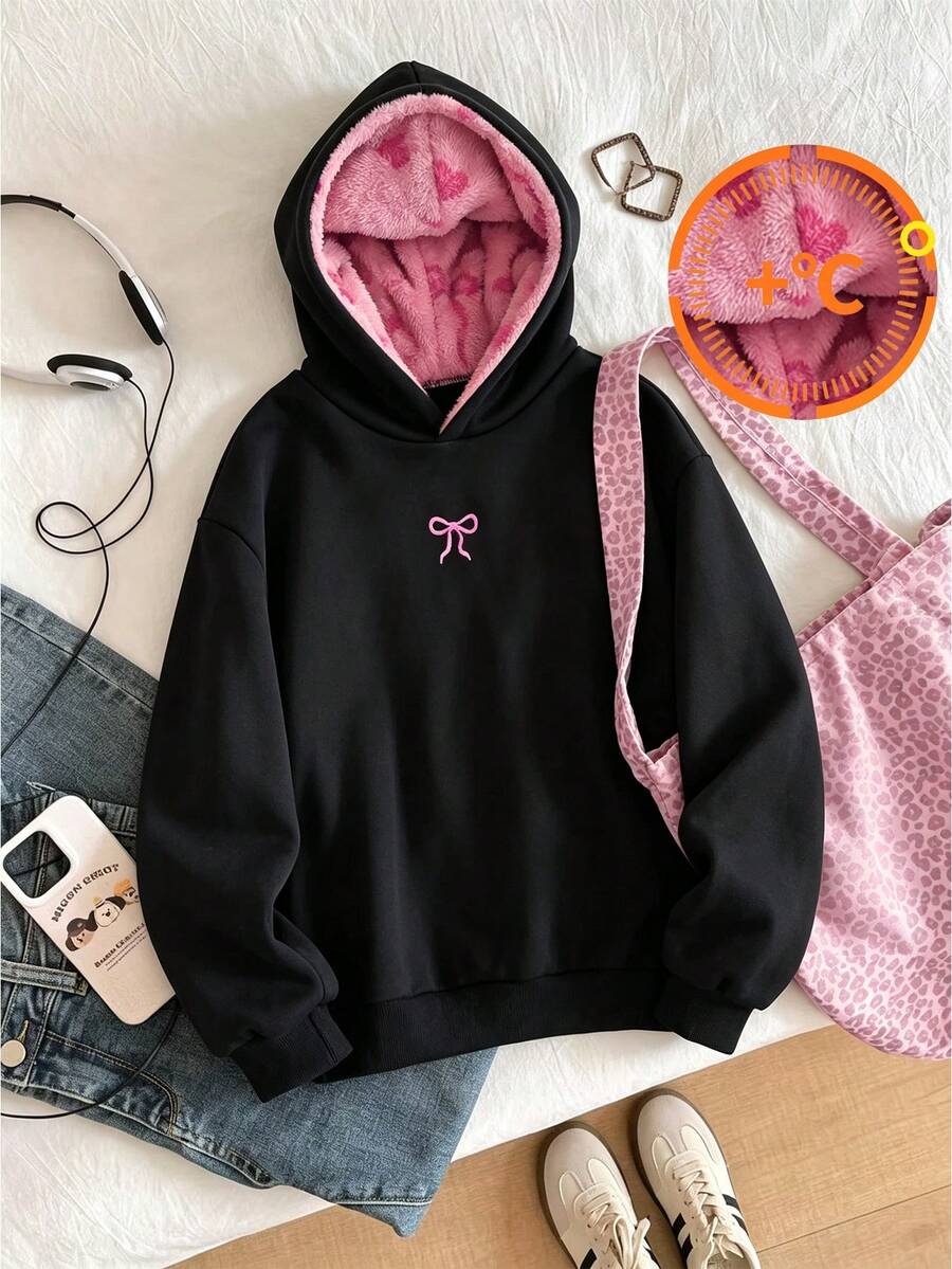 SHEIN 青少年女孩休閒戶外極簡時尚街頭風校園通勤旅行散步購物純黑色連帽衛衣長袖羅紋袖口毛絨印花蝴蝶結橡膠印花裝飾返校季秋冬上衣 - 黑色 - 查看 1