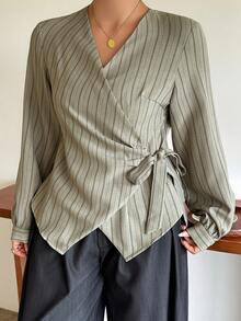 Dazy Plus Fashion Striped V-Neck Asymmetric Placket Tie-Front Long Sleeve Commuter Blouse, Spring/Autumn - Olive Green - View 7