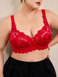 Hourtrue Plus Size Women Fashion Lace Patchwork Underwire Bra - Red - View 7