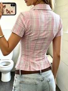IslaSuriya 女款格紋短袖單排扣休閒襯衫 - 彩色 - 查看 2