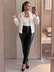 SHEIN Lady CURVE 大尺碼女款花卉蕾絲長袖前拉鍊棒球夾克 正式晚宴 全白 秋季 優雅哥德風 休閒派對 早晨穿搭 - 白色 - 查看 6