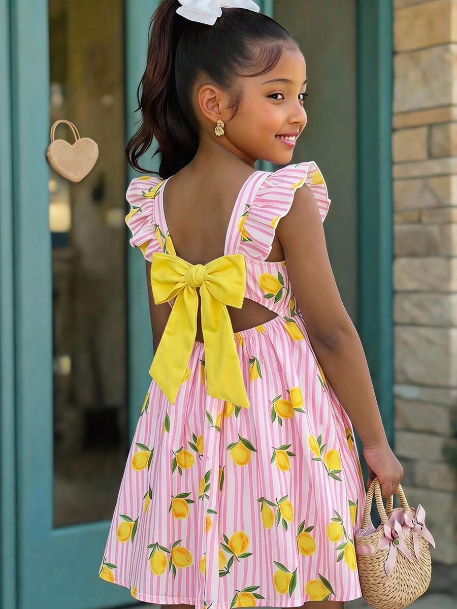 SHEIN Gaun Liburan Lucu dengan Motif Anak Perempuan - Kuning - View 1