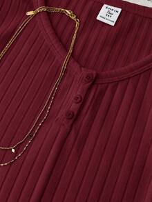Teen Girl Summer New Slim Fit Flattering Versatile Burgundy Ribbed Knit Round Neck Button Short Sleeve Top - Burgundy - View 3