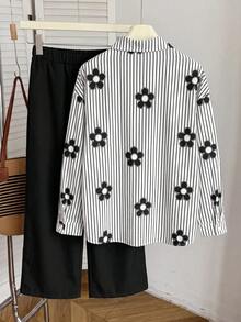 SHEIN Tween女孩條紋花卉印花單排扣襯衫與背心上衣、長褲套裝 - 黑與白 - 查看 2
