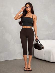 SHEIN PETITE 女款 95% 棉 3/4 長度修身顯瘦內搭褲 - 棕色 - 查看 10