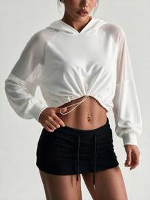 StreetHx Drawstring Hem Hooded Sports Sweatshirt - White - View 4