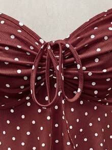 Sweetra Plus Size Women's Square Neck Sweetheart Neck Drawstring Cap Sleeve Ruffle Flutter Sleeve Small Ditsy Floral Casual Cute Elegant Vacation A-Line T-Shirt, Spring/Summer - Burgundy - View 4