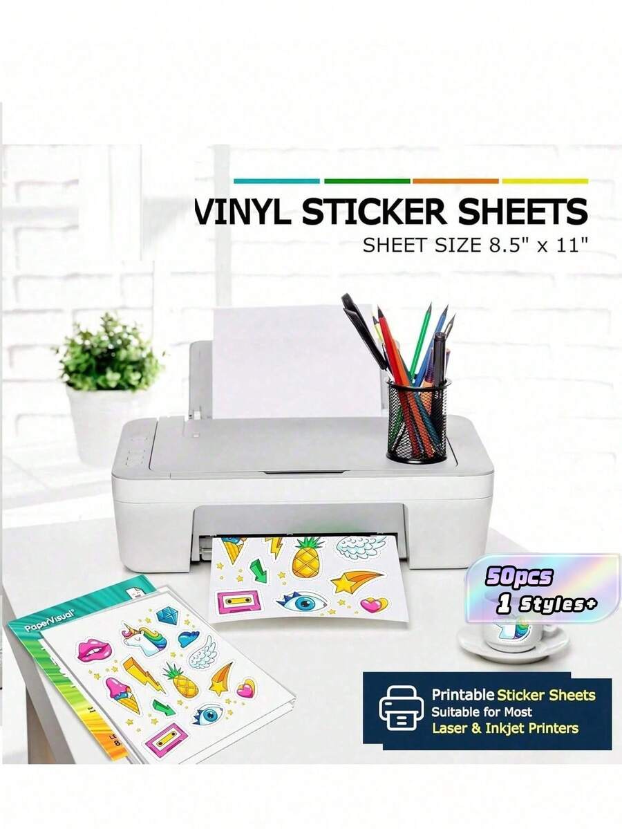 A4 Matte White Printable Vinyl Sticker Paper 50 Sheets, Waterproof Quick Dry Adhesive Label Sheet For Inkjet & Laser Printer, Compatible With Cutting Machine - White - View 1