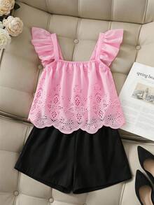 SHEIN 少女度假風鏤空刺繡荷葉袖上衣與短褲套裝 - 粉色 - 查看 2