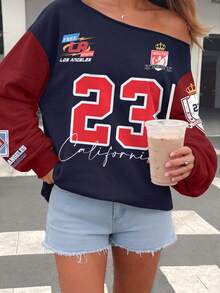 SHEIN EZwear 新款秋冬女款露肩長袖衛衣/Y2K/街頭風/外出/返校/假期/秋季/波希米亞/學院風/NO.23圖案 - 彩色 - 查看 5