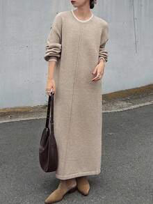 FRIFUL Gaun Rajut Longgar Lengan Panjang Model Leher Bulat dan Bahu Jatuh untuk Wanita (Musim Dingin) - Khaki - View 6