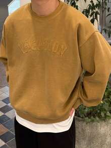 DAZY Autumn/Winter Thermal Lined Camel Color Letter Patchwork Crew Neck Short Loose Fit Men's Pullover Sweatshirt - Camel - View 2