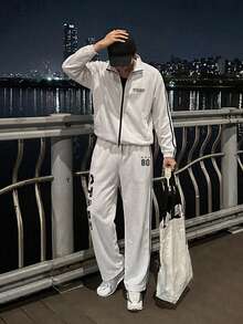 DAZY Spring/Autumn White Side-Seam Contrast Tape Letter Print Pants Elastic Waist Men's Jacket Set - White - View 5