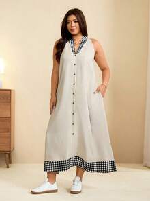 Edennvi Plus Size Summer Casual Traditional Plaid Patchwork Sleeveless Dress Formal Vacation Grey And Pink - Multicolor - View 3