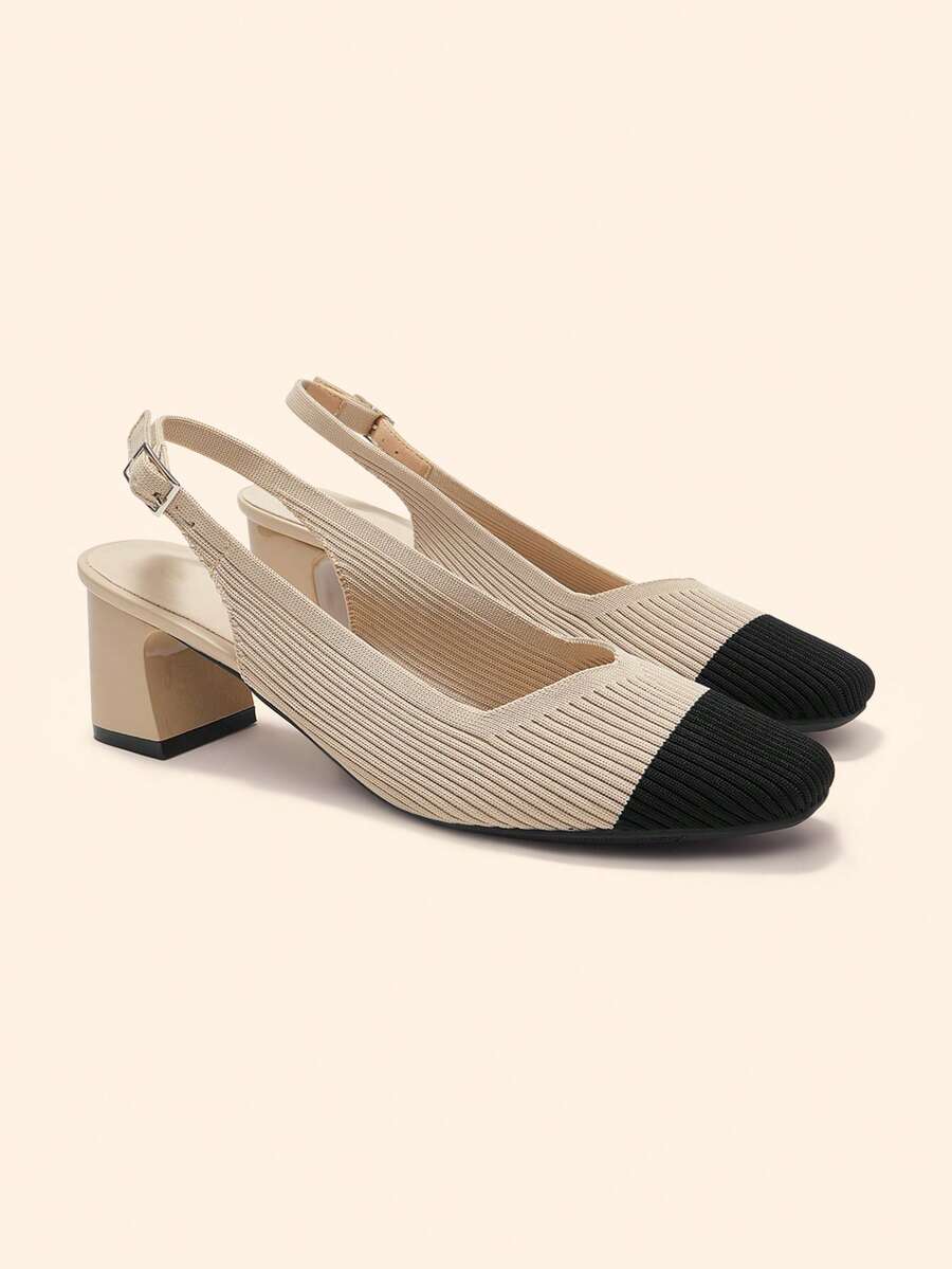 CUCCOO BASICS Women's Shoes With Knitted Back Strap, Adjustable Buckle, Thick Heel, Color Blocked Toe, Versatile Commuting And Dating Style, Single Shoe - Black apricot color matching - View 1