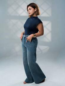 SARA VAULT Women's Casual Washed Rhinestone Embellished Wide Leg Jeans, Autumn Fall - Medium Wash - View 3